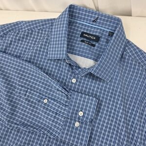 NWT Nautica Long Sleeve Shirt XL 17-17.5/34-35 Blue Plaid Stretch‎ NAU-10067-SL.